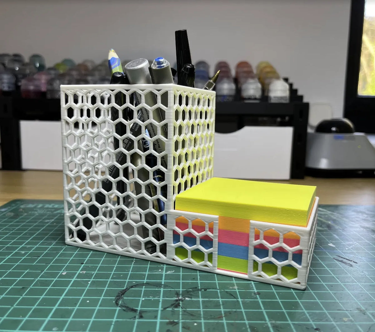 Grand Pot à Stylos / Porte-Notes Autocollants en Nid d'Abeille - Bureau Print