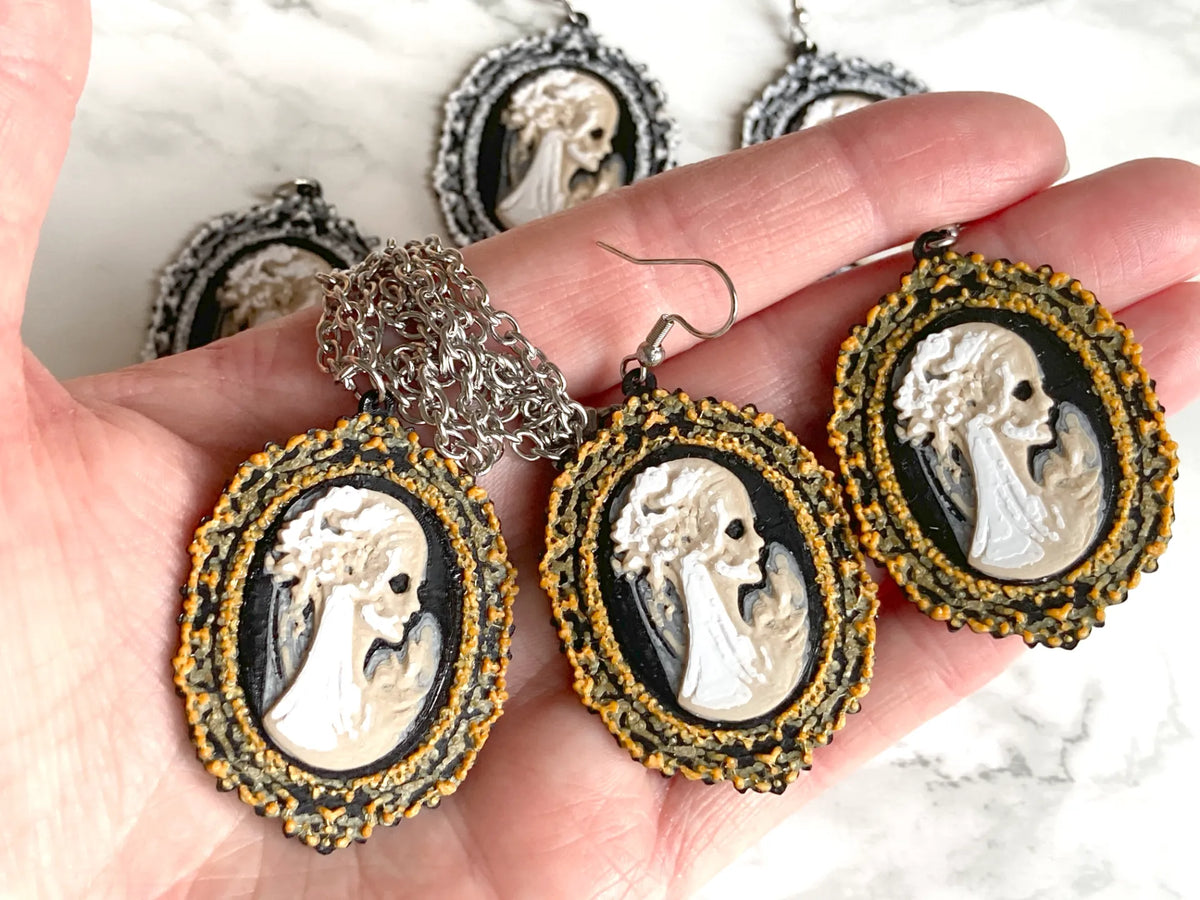 Boucles d'oreilles et collier Cameo Squelettique Victorien Gothique - Bijoux Print