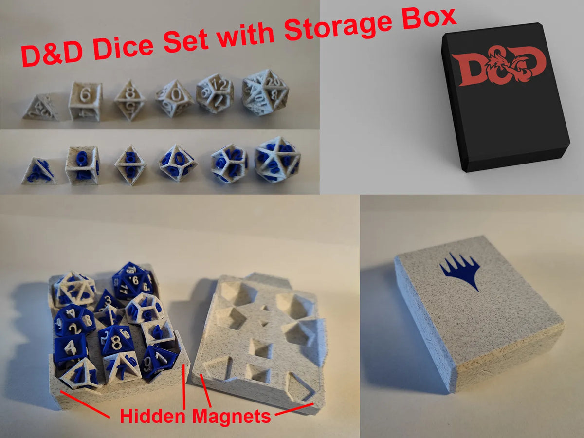 Ensemble de dés D&D avec boîte D4, D6, D8, D10, D12 et D20 - Jeux Print