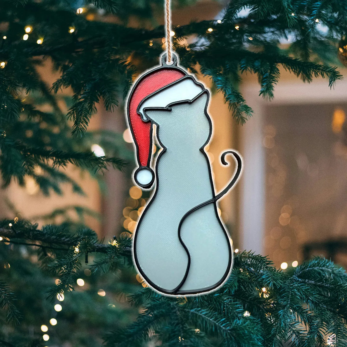 Chat de Noël dans un ornement d'arbre de chapeau de Père Noël - Pet Print