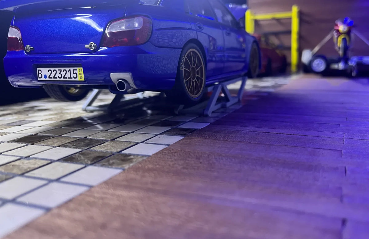 Diorama de garage pour voitures miniatures 1:24 avec pneus - Auto Print