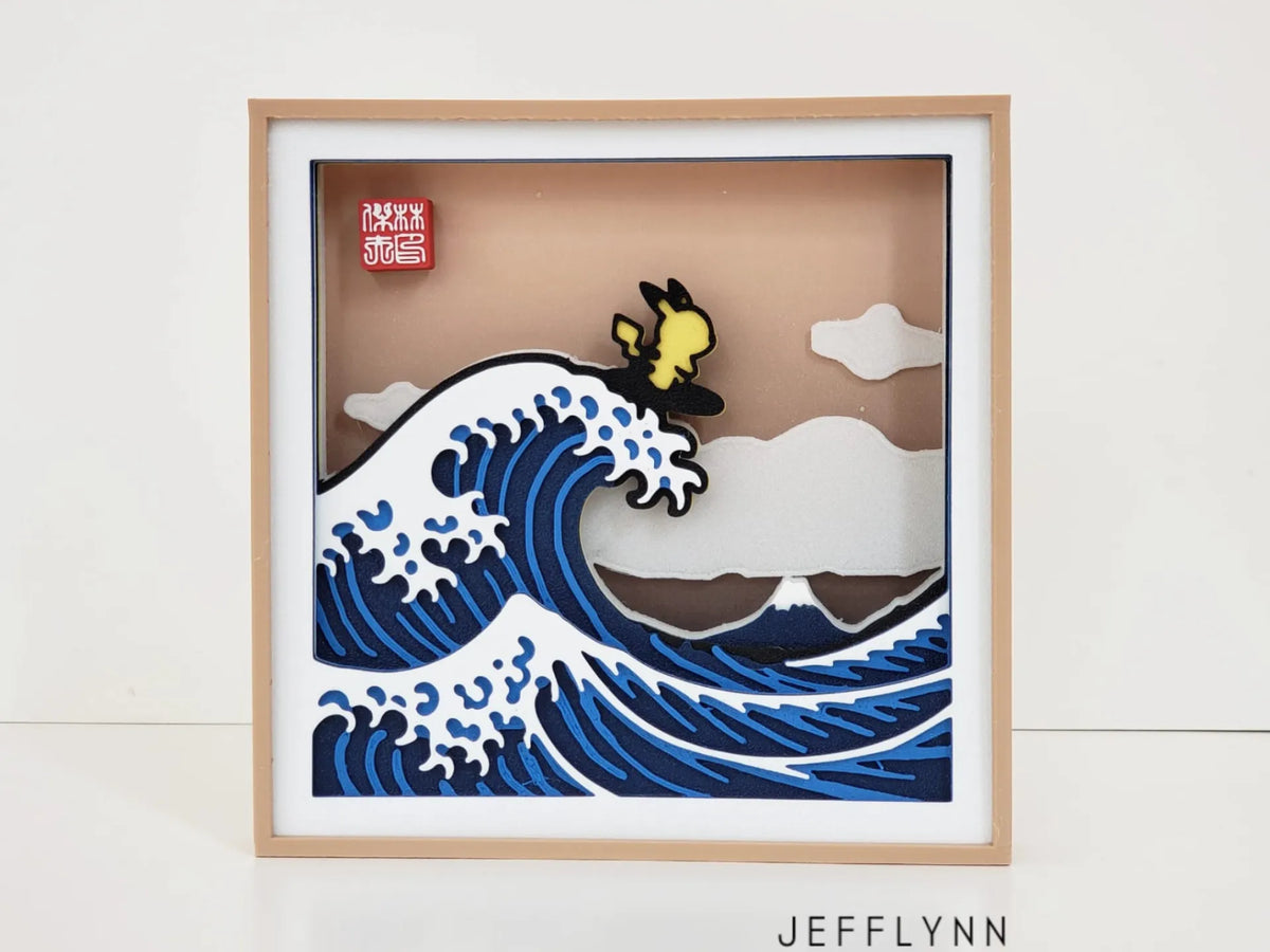Pikachu surfant la Grande Vague - Boîte à ombre - Art Print