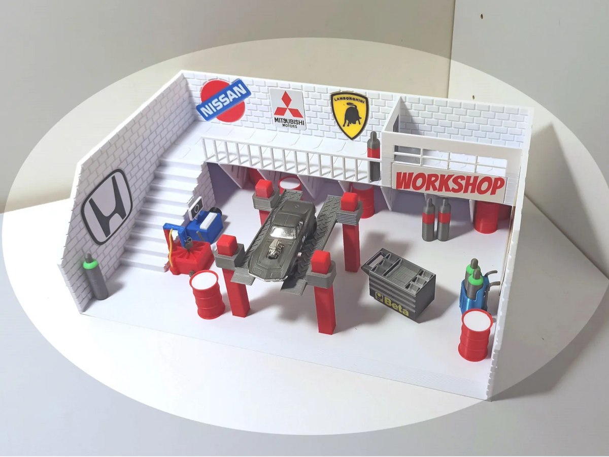 Diorama de garage 1:64 avec outils, accessoires et LEDs - Auto Print
