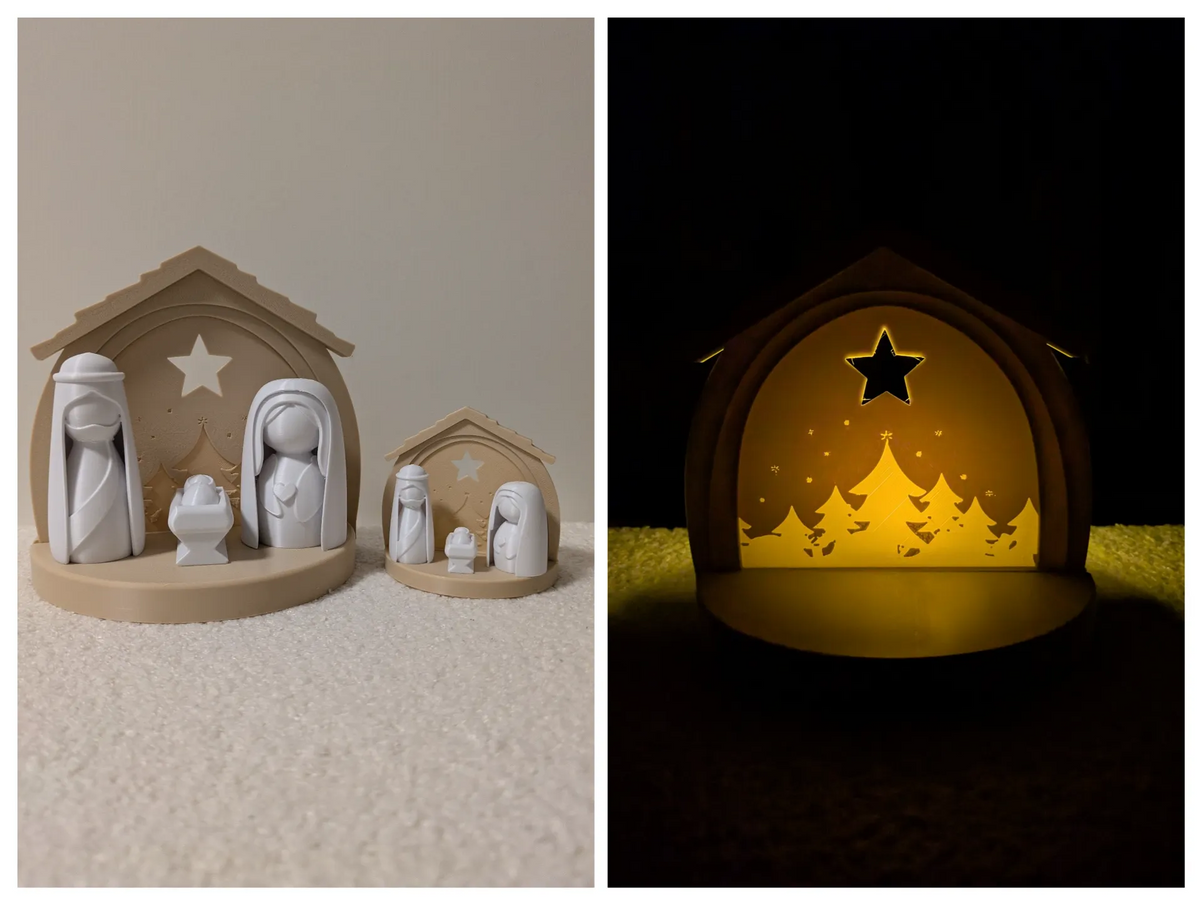 Scène de la Nativité Lumineuse avec Forêt Cachée - Fêtes Print