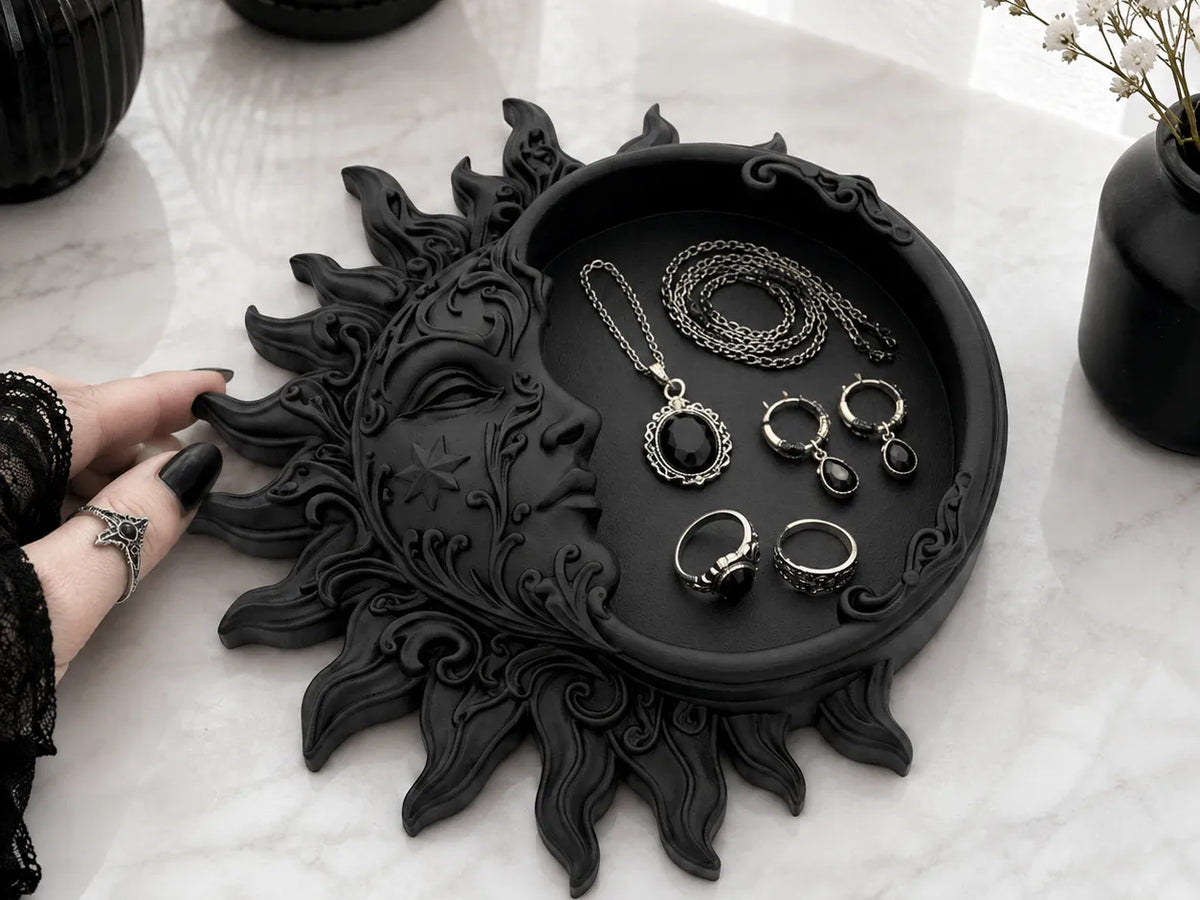 Plateau organisateur de bijoux gothique céleste à motif de visage solaire - Cosplay Print