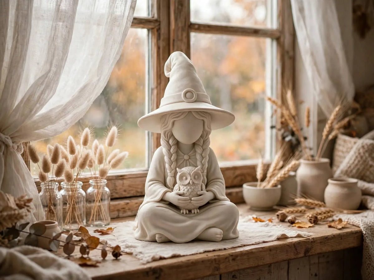 Figurine de sorcière assise Hygge avec chouette - Figurine Print