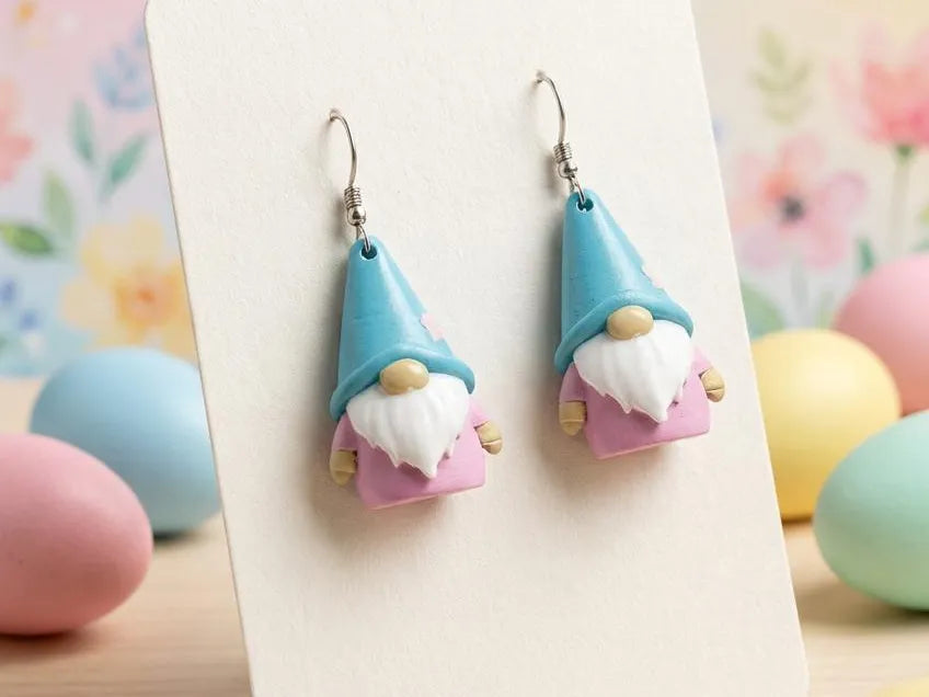 Boucles d'oreilles pendantes gnome de Pâques pastel - Bijoux Print
