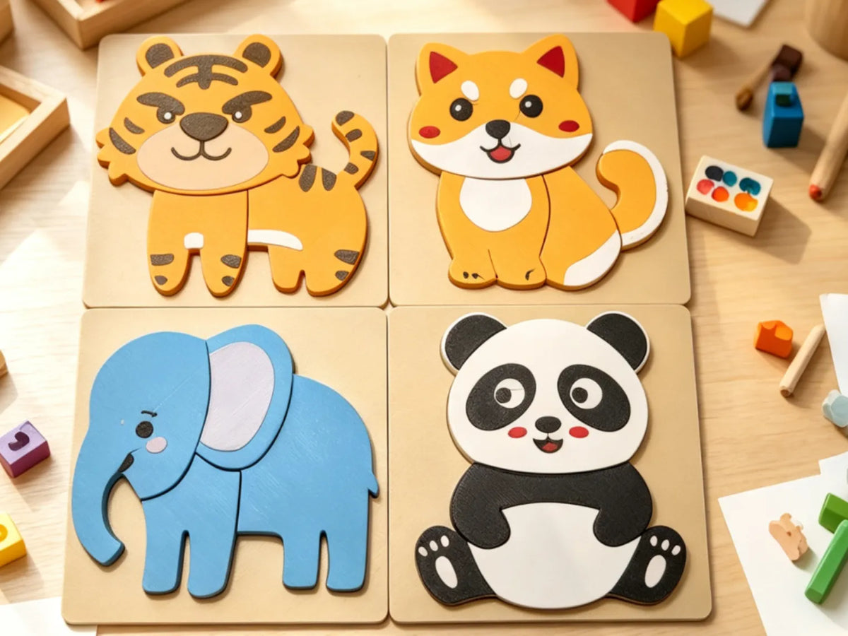 Puzzle d'animaux Montessori 4-en-1 pour enfants – Puzzle éducatif Tigre, Shiba Inu, Éléphant, Panda - Bébé Print