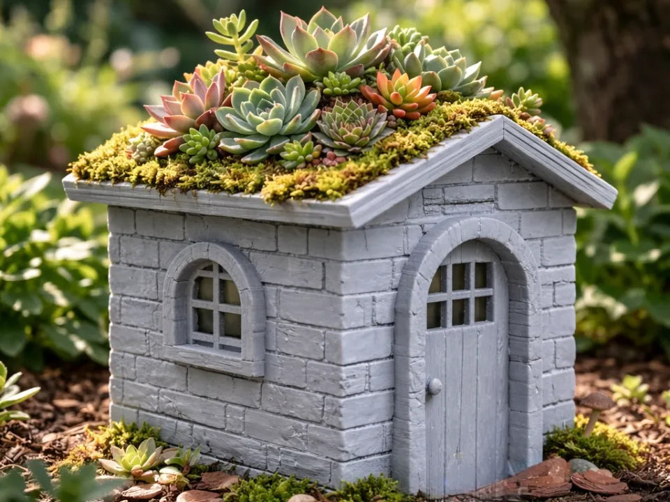 Maisonnette de fée avec jardinière de toit - Décoration de maison de jardin miniature - Jardin Print