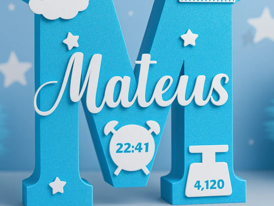 Lettre lumineuse M avec données de naissance - Art Print