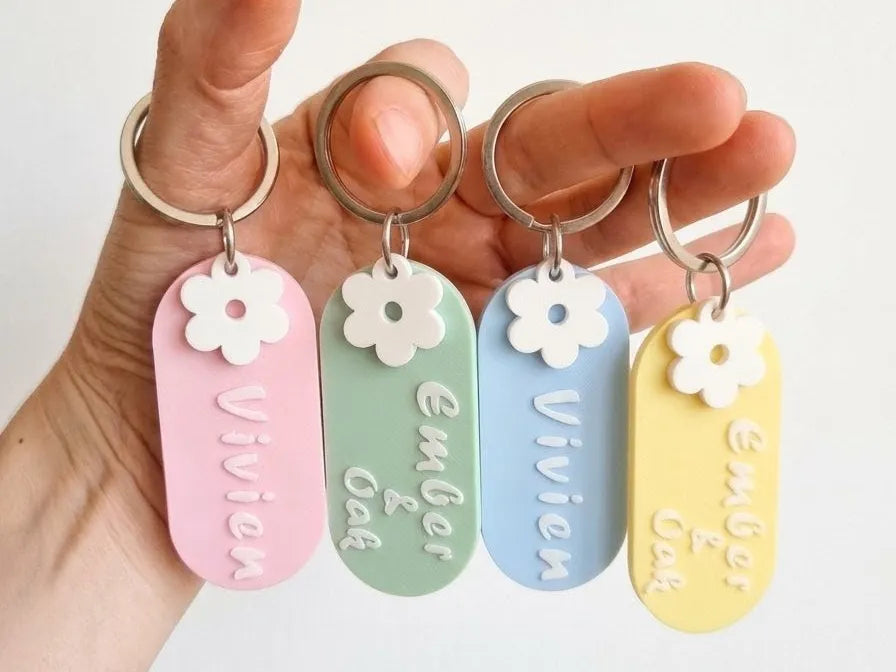 Porte-clés Nom Personnalisé – Étiquette Marguerite - Cadeau Print