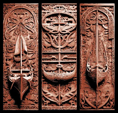 Ensemble de 3 signets - Sculpture viking nordique de nœuds en bois de drakkars - Navires vikings - Maquette Print