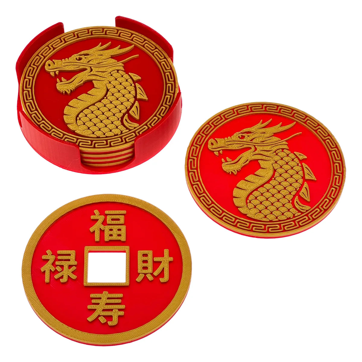Dragon Chinois & Porte-gobelets Pièce de Bonheur Nouvel An Chinois - 2024 Année du Dragon - Fêtes Print