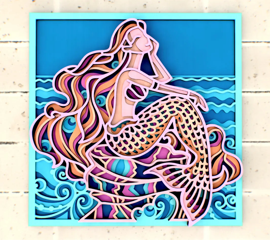 Art mural 3D encadré en couches sur le thème de la sirène maritime - Art Print
