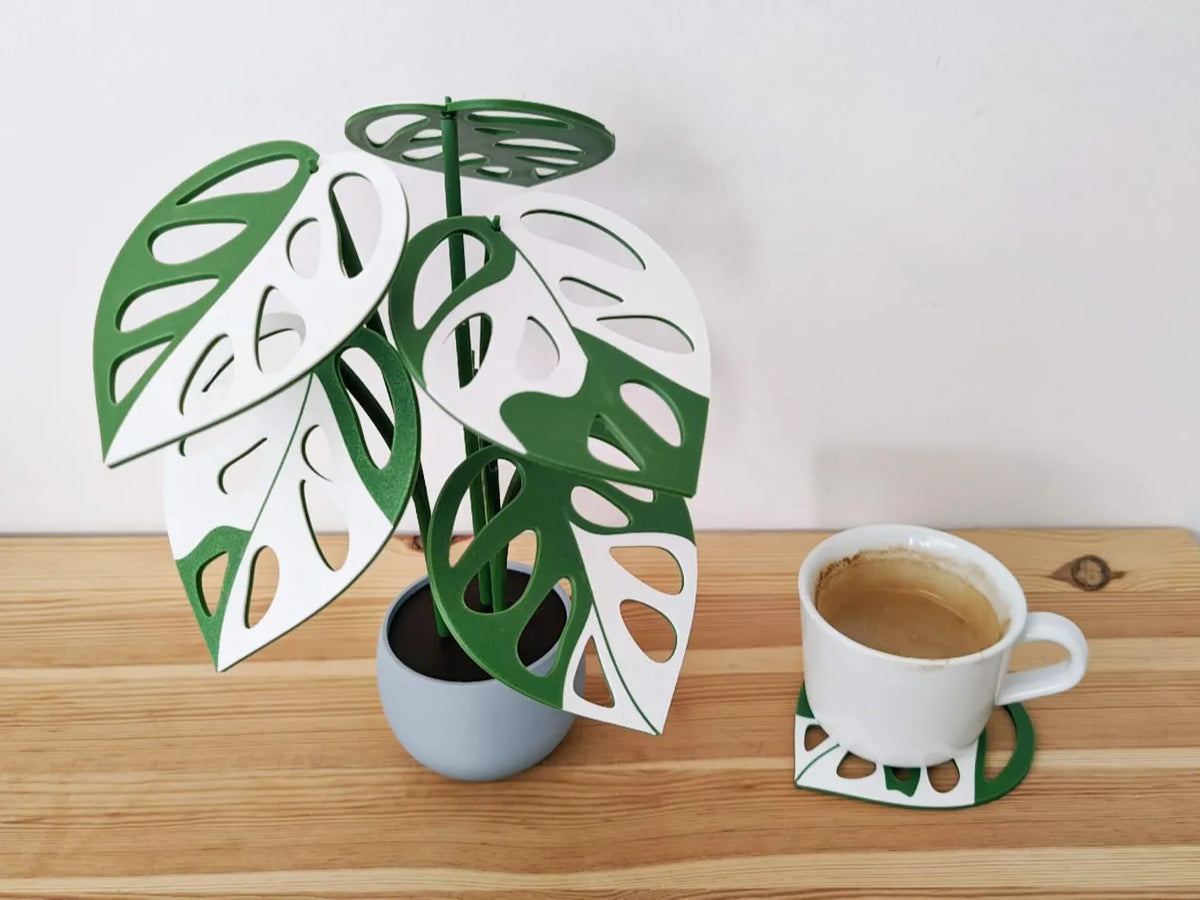 Monstera adansonii panachée avec 6 sous-verres en forme de feuille - Cadeau Print