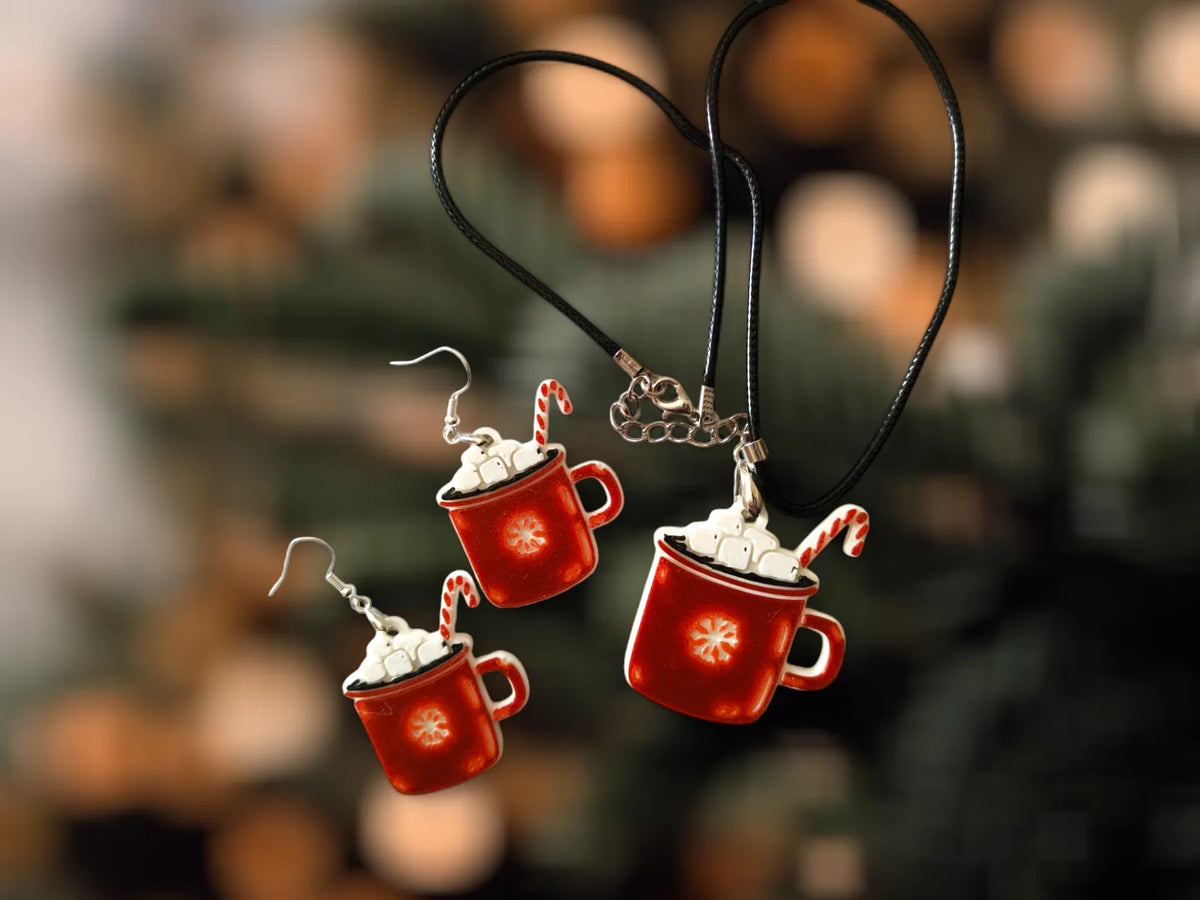 Boucle d'oreille et collier de Noël - Tasse de chocolat chaud - Bijoux Print