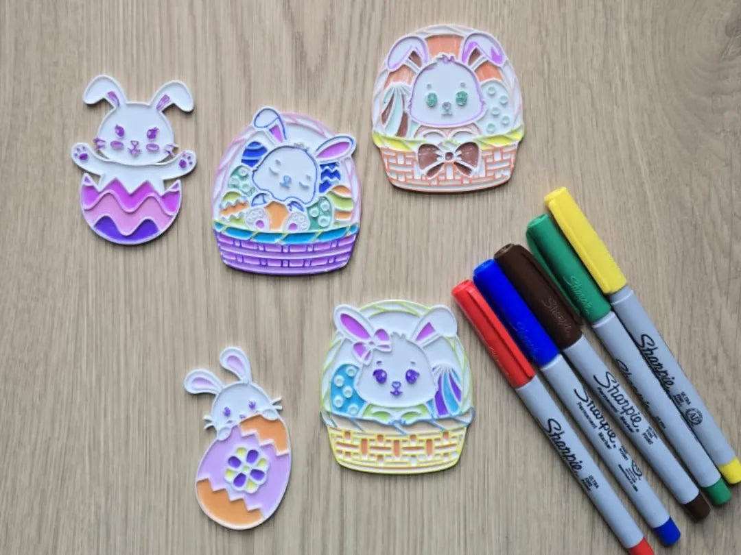 Ensemble de coloriage de Pâques avec panier à œufs et lapin mignon, marqueur Sharpie - Fêtes Print