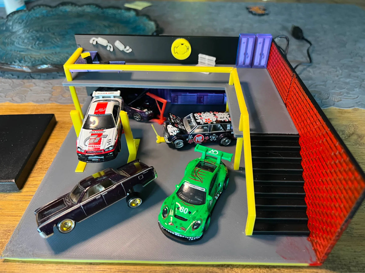 Diorama de garage avec mezzanine 1:64 voiture - Auto Print