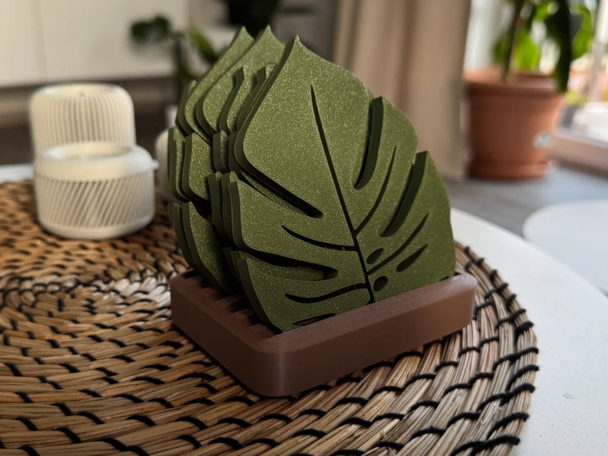 Ensemble de sous-verres feuille de Monstera avec support - Cuisine Print