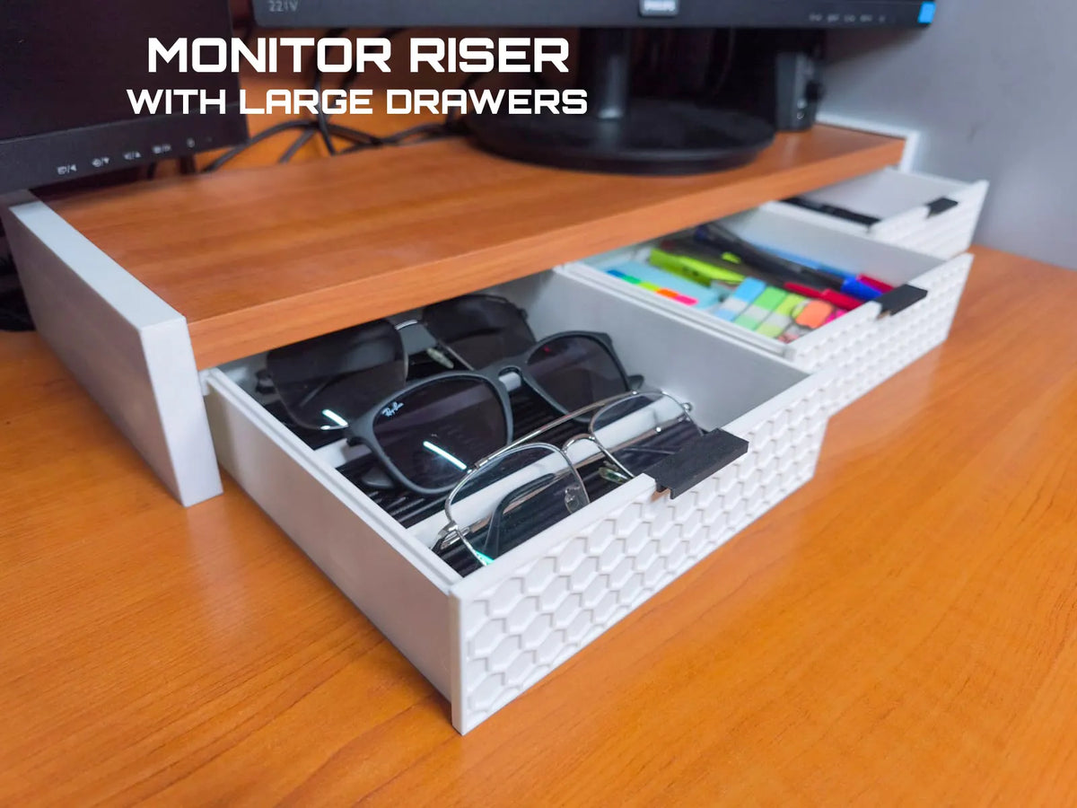 Support d'écran avec tiroirs XL & Compartiment à Lunettes - Bureau Print