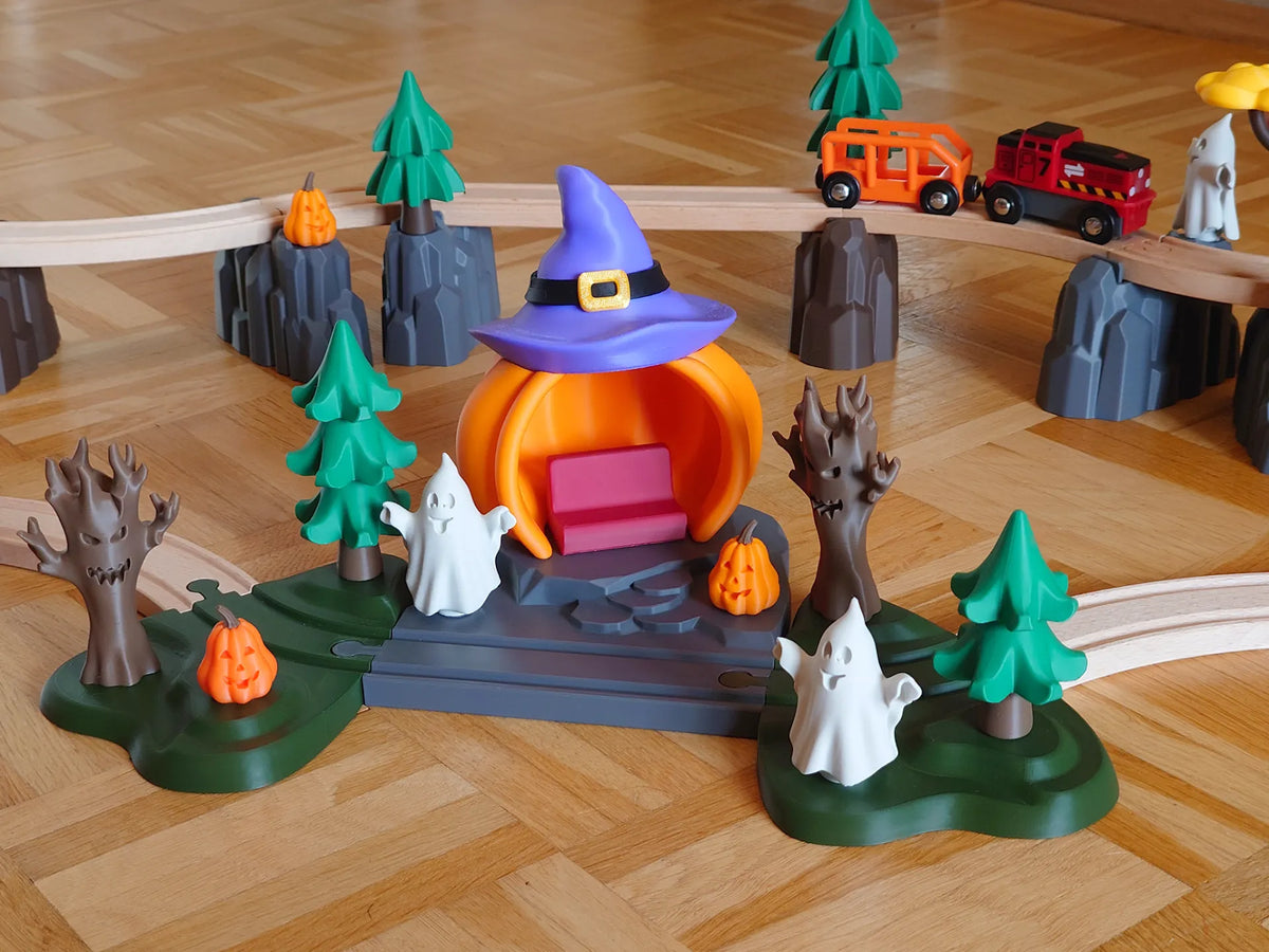 Gare Citrouille avec voie forestière pour train en bois - Fêtes Print
