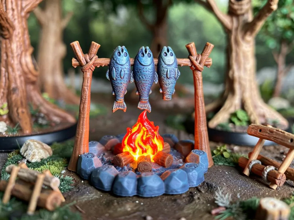 Feu de camp avec séchoir à poisson - terrain JDR - Outdoor Print