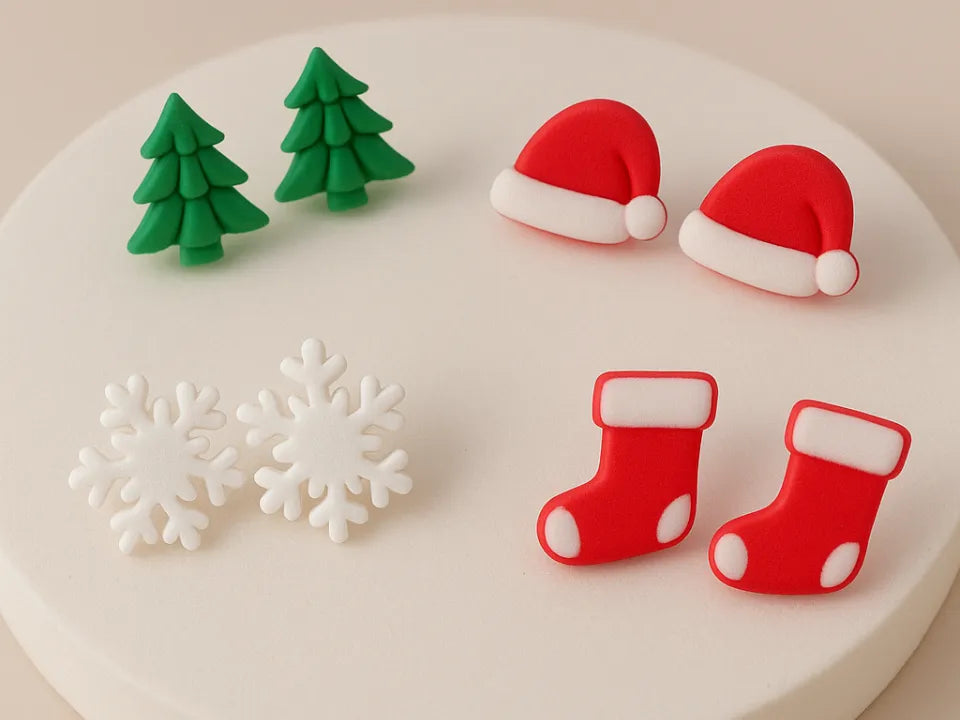 Sapin de Noël, bonnet de père Noël, chaussette, boucle d'oreille à épingle neige - Bijoux Print