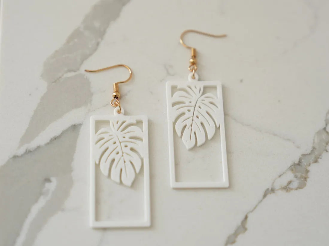 Boucles d'oreilles pendantes rectangulaires en feuille de Monstera - Bijoux Print