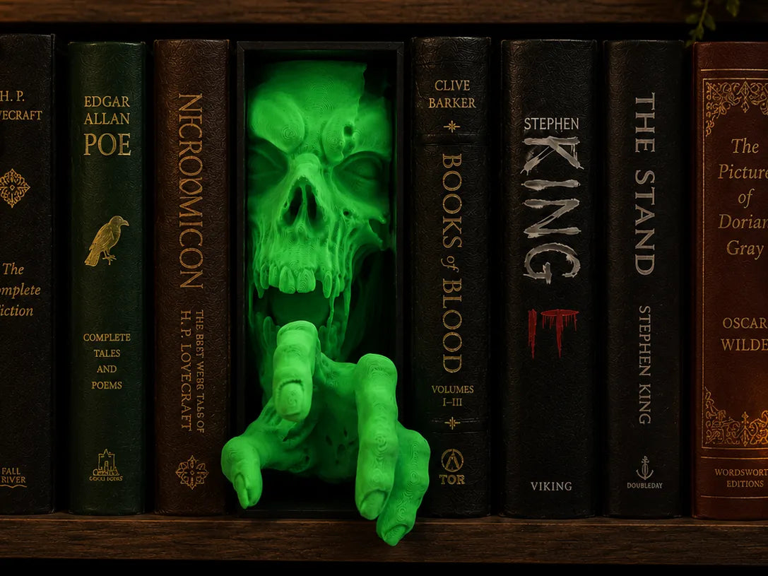 Étagère à livres en forme de crâne de zombie, main d'horreur, coin de lecture - Maquette Print