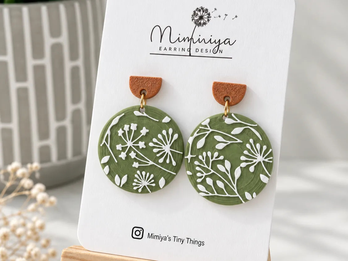 Boucles d'oreilles rondes vertes à motif botanique - Bijoux Print