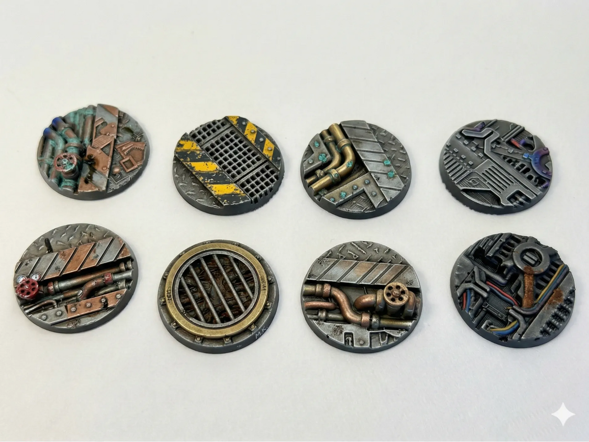 8x Bases Miniatures Industrielles – 28mm, 32mm, 40mm - Jeux Print