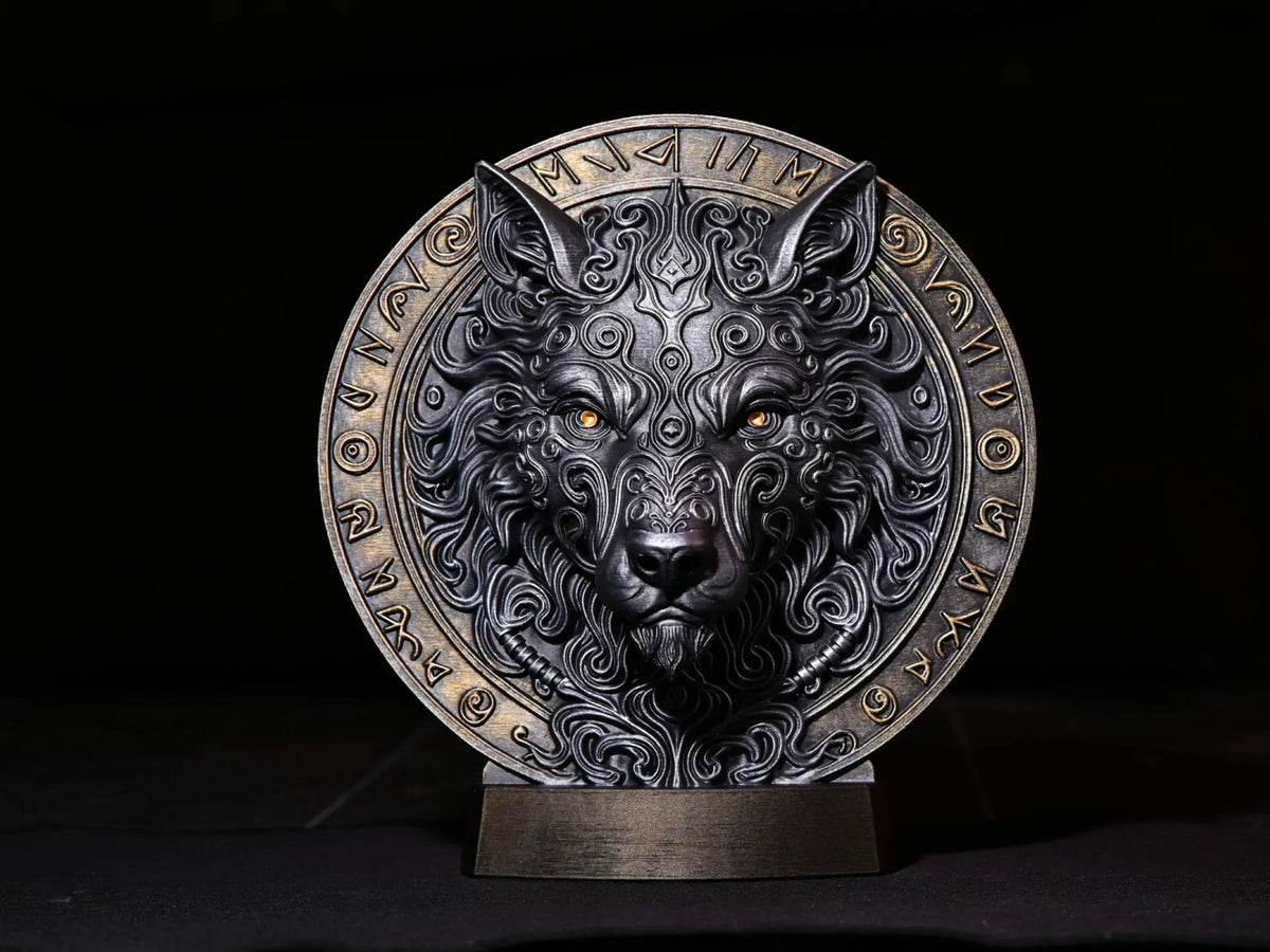 Relief Mural Tête de Loup – Runes Vikings - Art Print