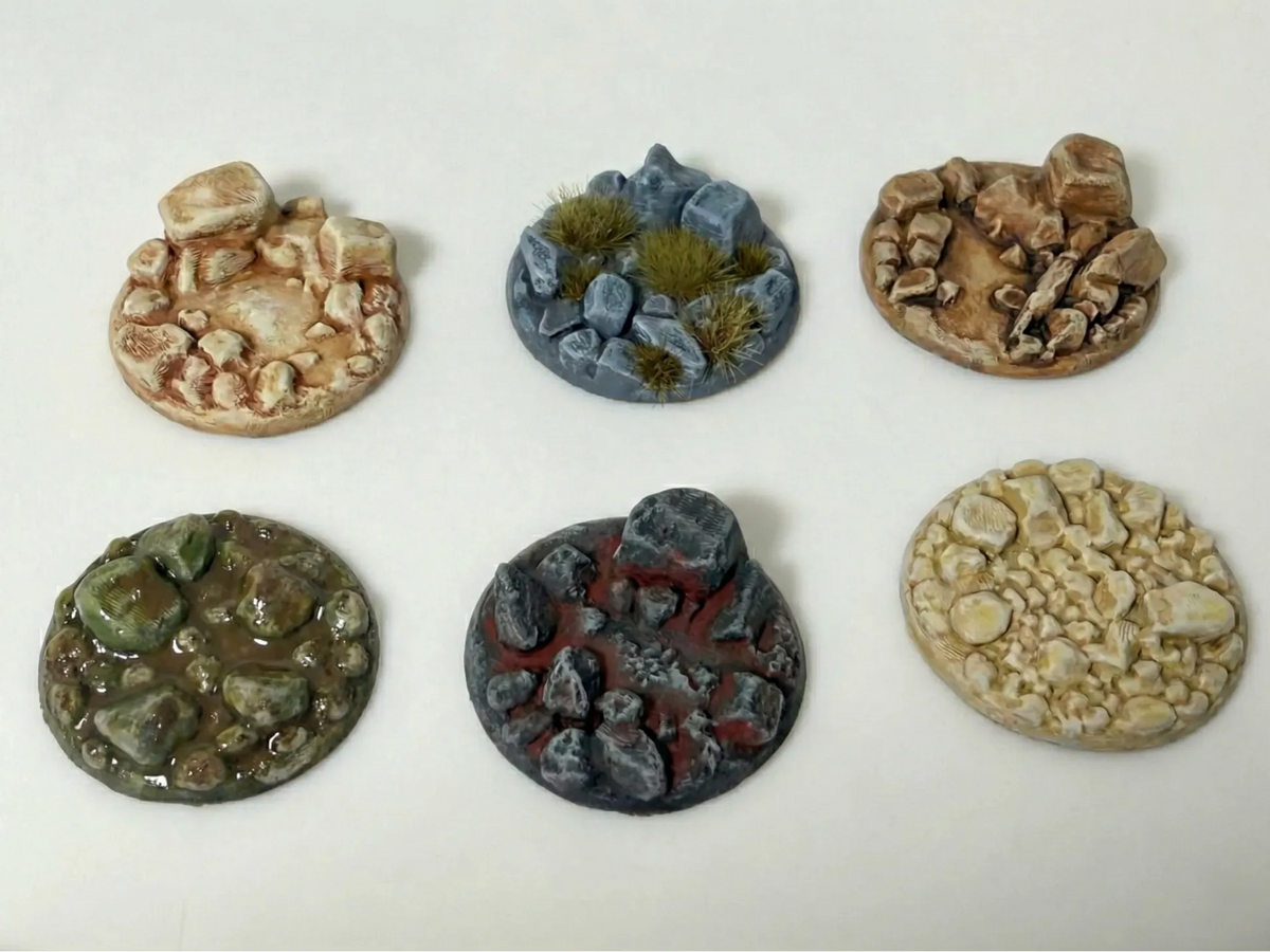 6x Bases miniatures en pierre – 28 mm et 32 mm - Jeux Print