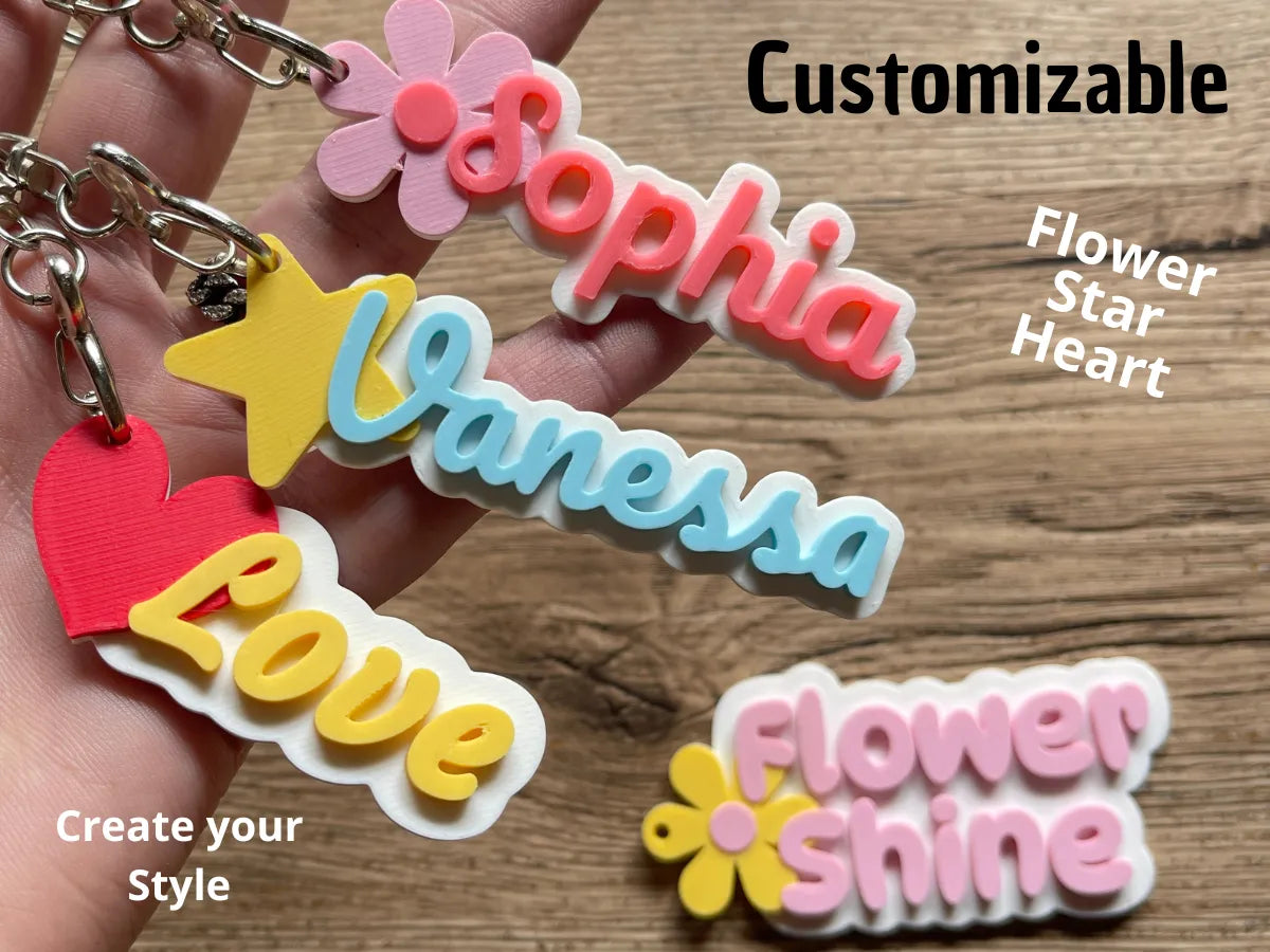 Porte-clés Noms Fleur Étoile Cœur entièrement personnalisable - Cadeau Print