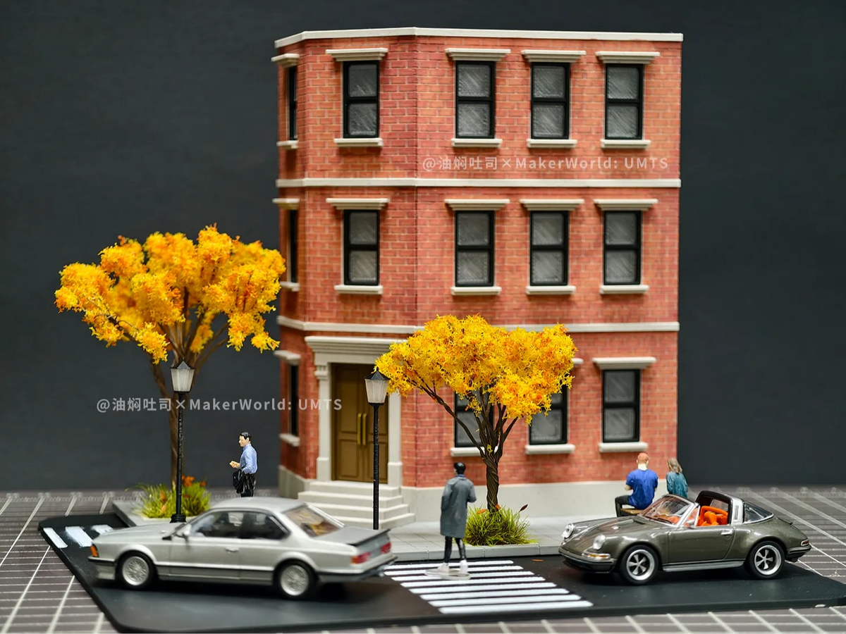 Scène miniature 1/64 : Coin de rue en briques rouges - Maquette Print