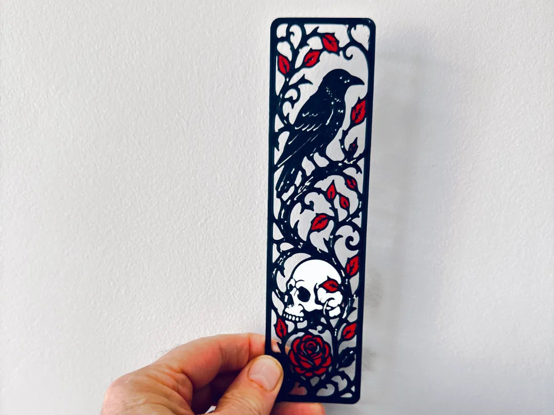 Marque-page gothique Corbeau, Crâne et Rose Rouge - Music Print