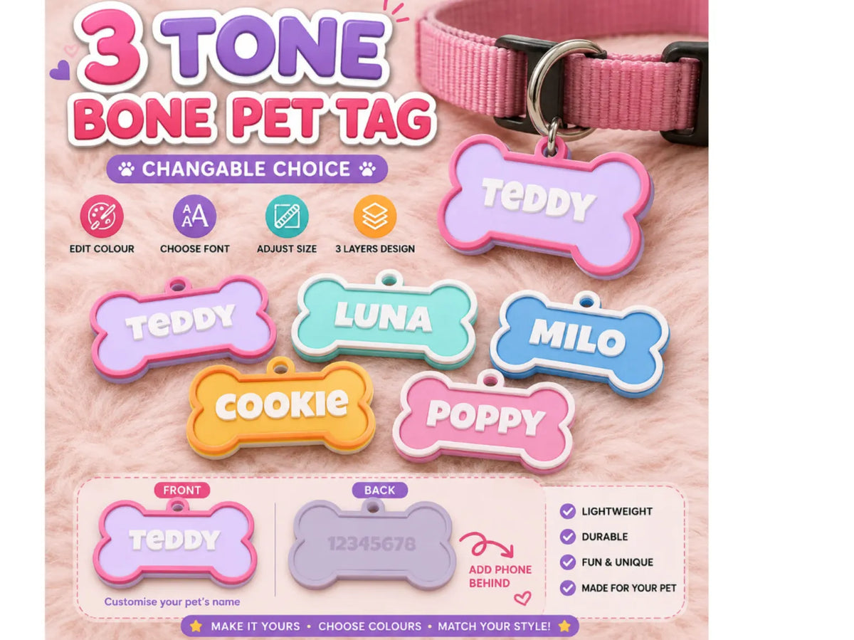 Porte-clés/étiquette pour chien à nom paramétrique 3 tons - Pet Print